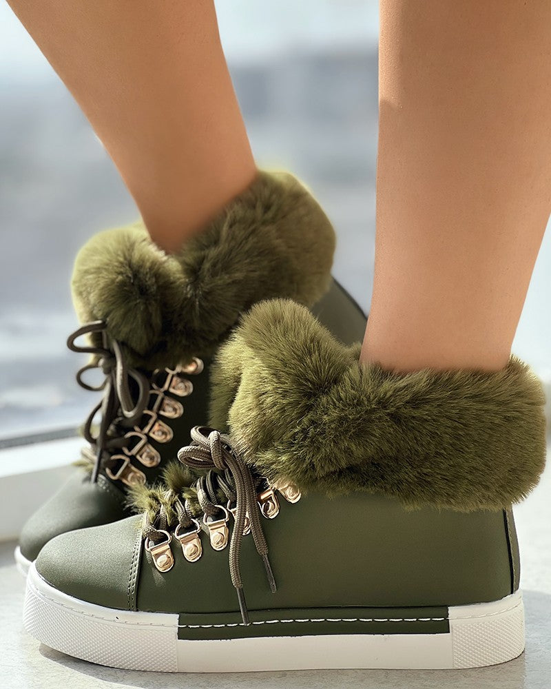 Lace up Fuzzy Detail Lined Ankle Boots