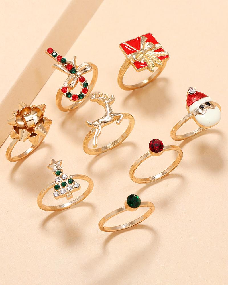 8pcs Christmas Santa Tree Gift Elk Candy Cane Rings Set