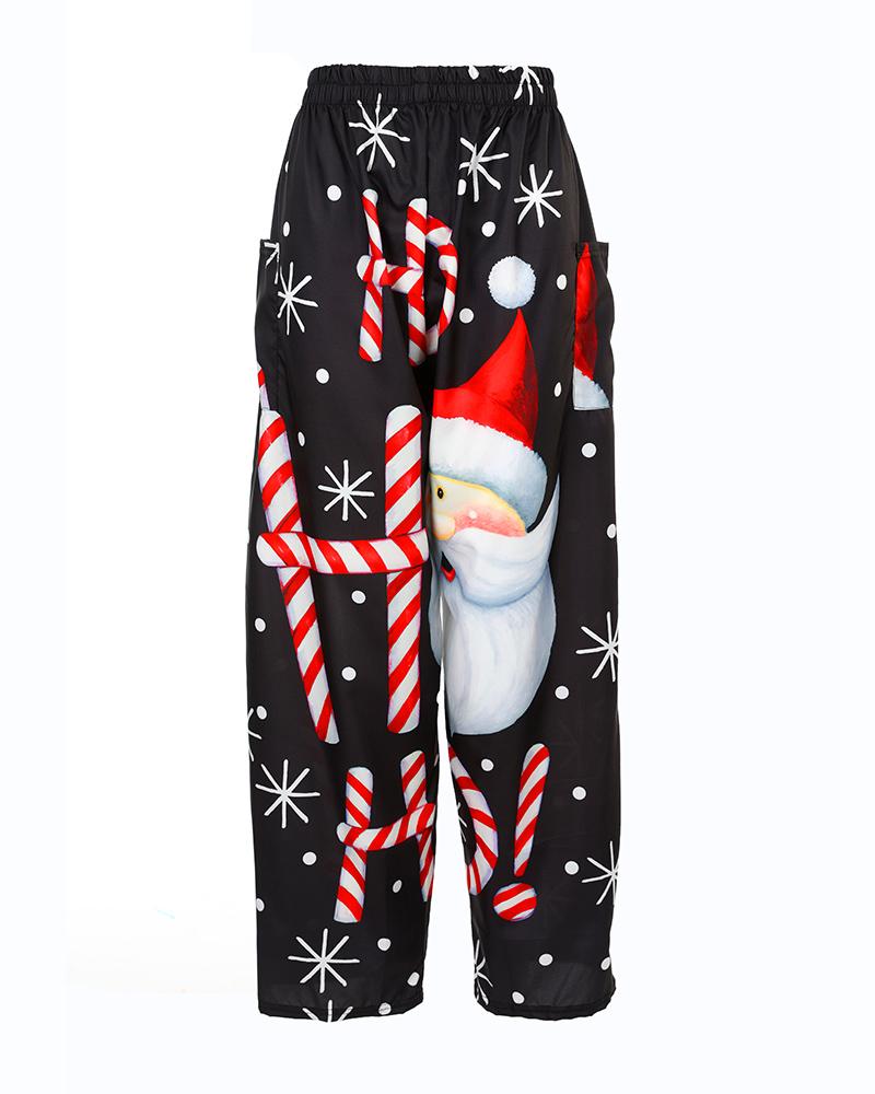 Christmas Santa Candy Print Pocket Design Wide Leg Pants