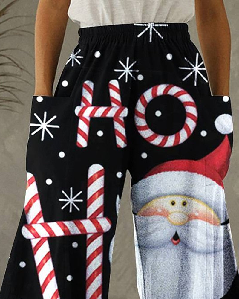 Christmas Santa Candy Print Pocket Design Wide Leg Pants