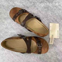 Leather belt-embroidered flat shoes