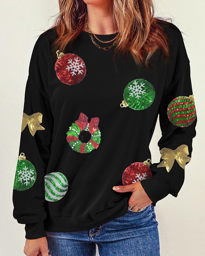 Christmas Wreath Bowknot Pattern Contrast Sequin Sweatshirt