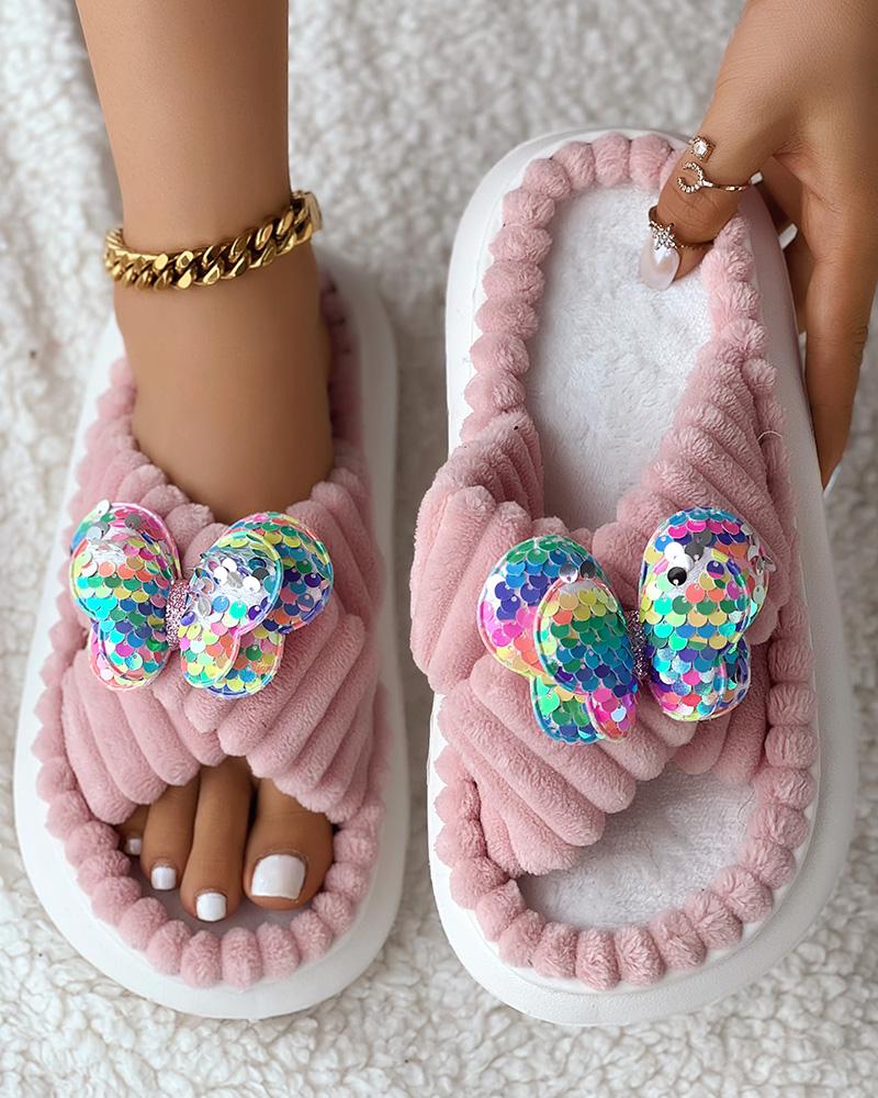 Pantuflas de invierno con tiras cruzadas y estampado de mariposas