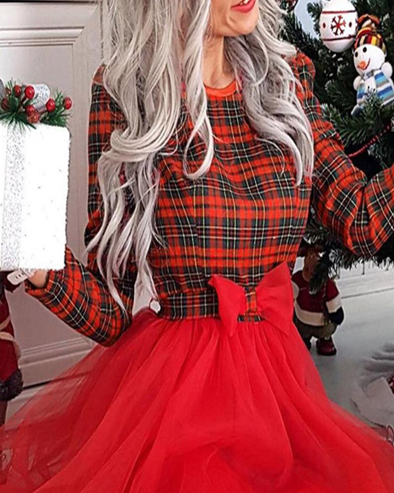 Vestido de manga larga de malla con lazo y estampado de cuadros navideños