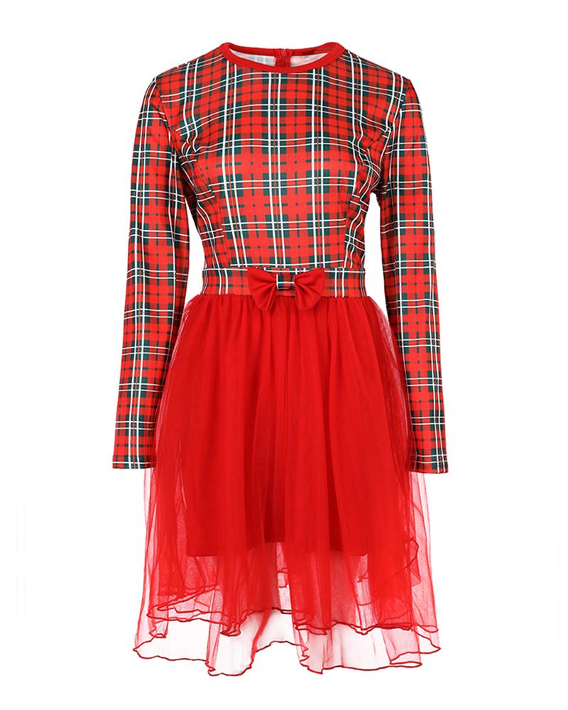 Christmas Plaid Print Bowknot Decor Mesh Long Sleeve Dress