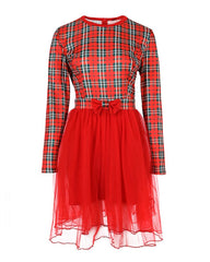 Christmas Plaid Print Bowknot Decor Mesh Long Sleeve Dress