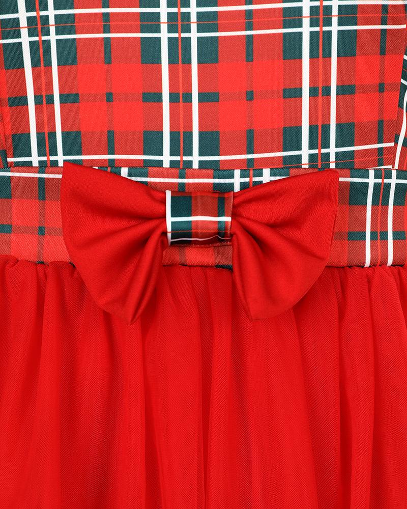 Christmas Plaid Print Bowknot Decor Mesh Long Sleeve Dress