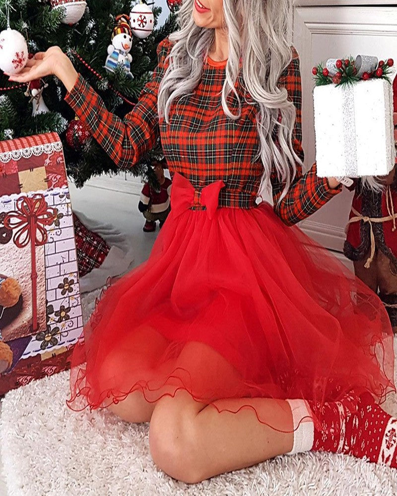 Christmas Plaid Print Bowknot Decor Mesh Long Sleeve Dress