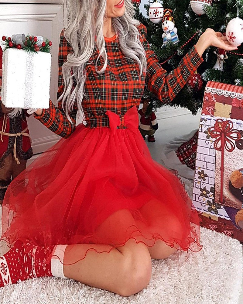 Christmas Plaid Print Bowknot Decor Mesh Long Sleeve Dress