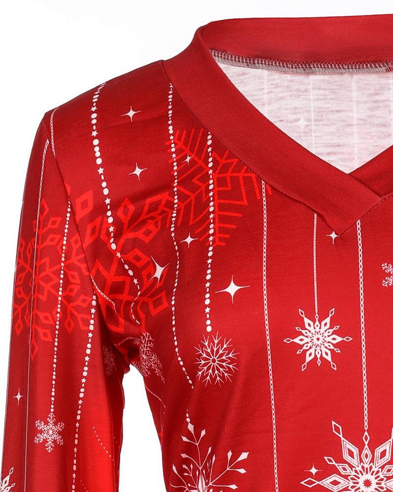 Christmas Snowflake Print V Neck Long Sleeve Top