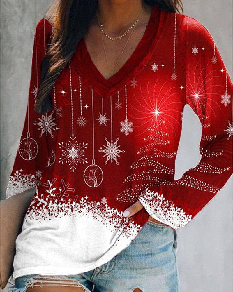 Christmas Snowflake Print V Neck Long Sleeve Top