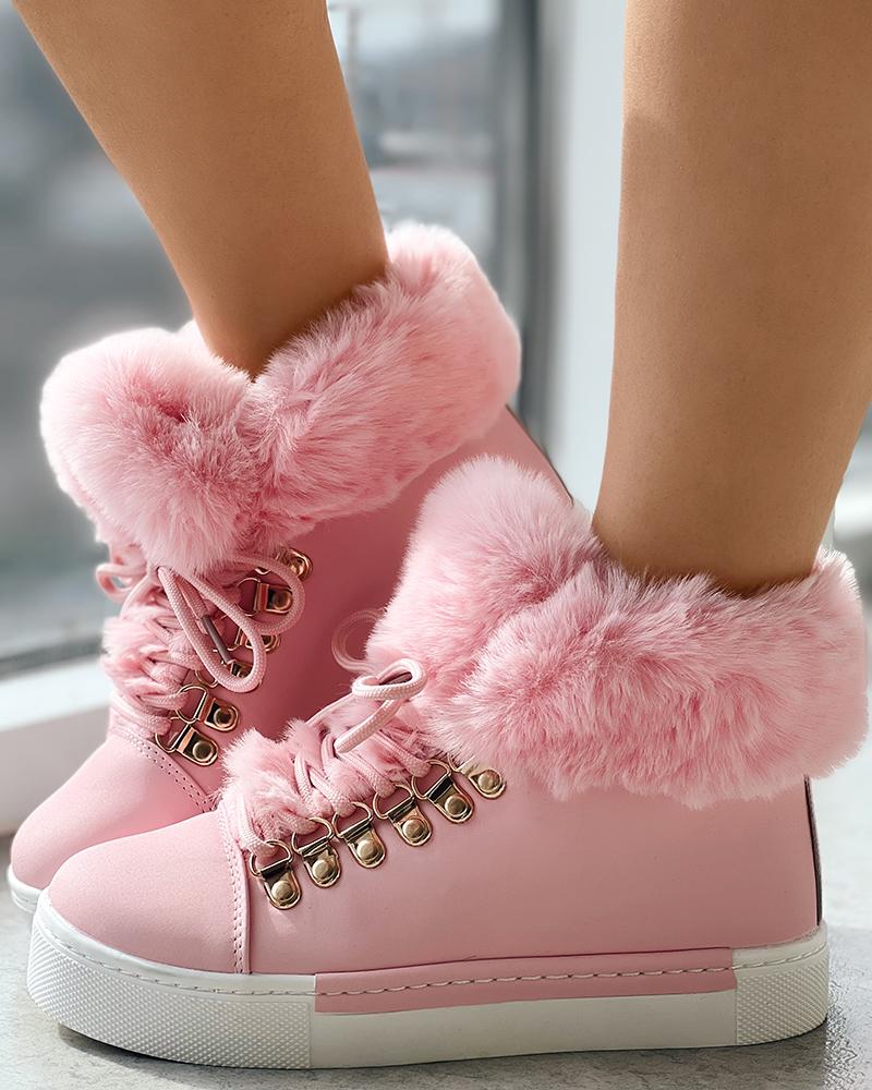 Lace up Fuzzy Detail Lined Ankle Boots