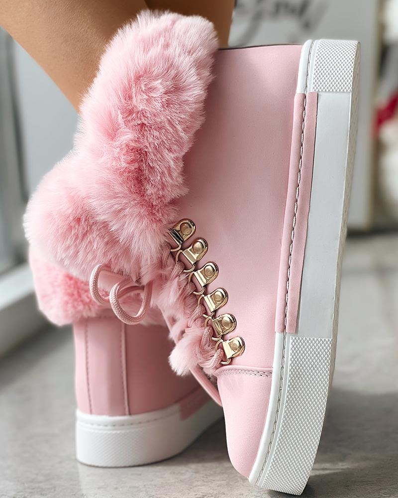 Lace up Fuzzy Detail Lined Ankle Boots