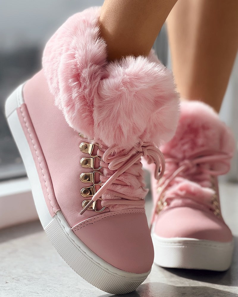 Lace up Fuzzy Detail Lined Ankle Boots