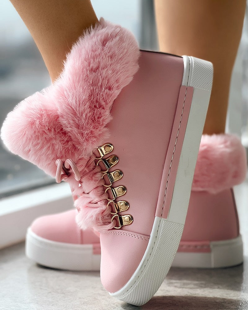 Lace up Fuzzy Detail Lined Ankle Boots