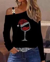 Christmas Wine Glass Print Cold Shoulder Top