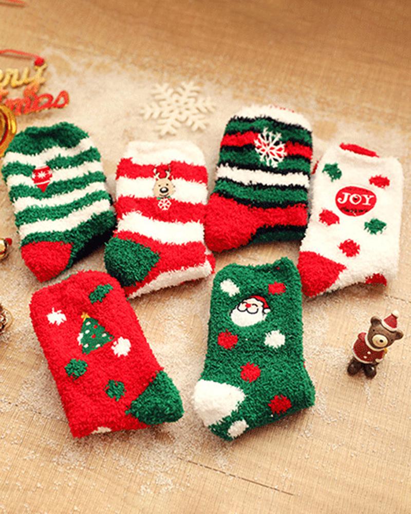 6Pairs Christmas Cartoon Graphic Fuzzy Thermal Socks Set