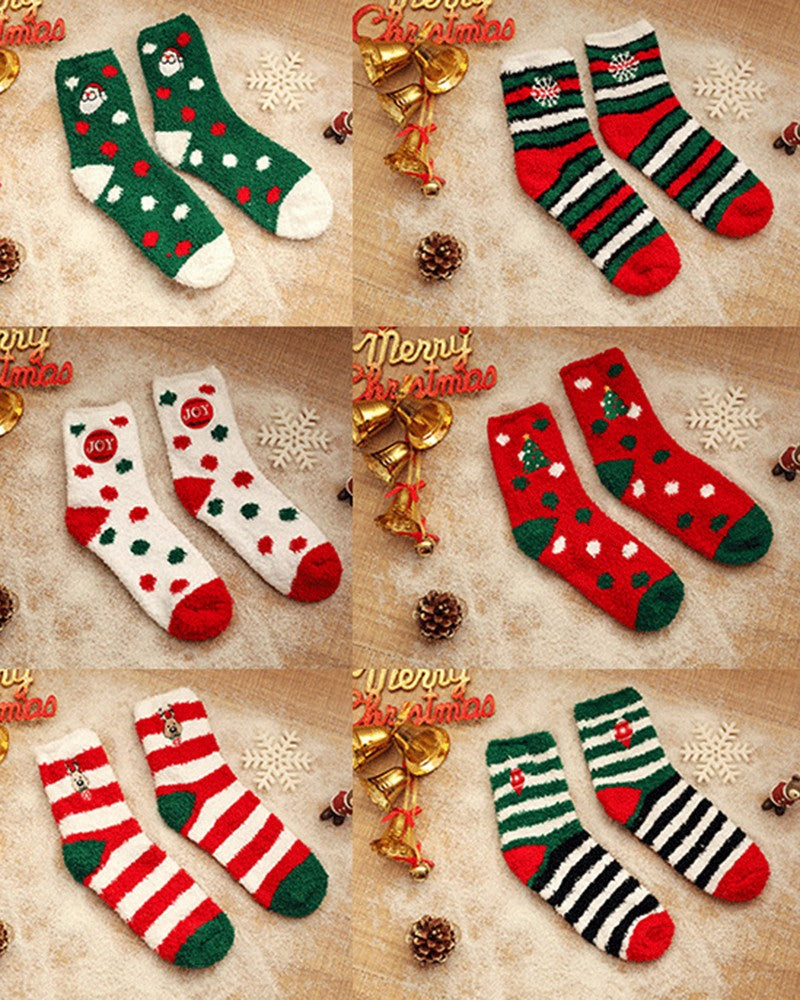 Juego de 6 pares de calcetines térmicos peludos con dibujos navideños