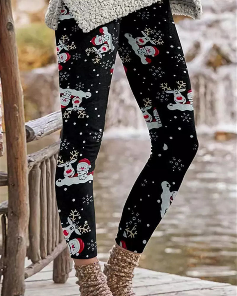 Christmas Tree Snowflake Elk Print Leggings