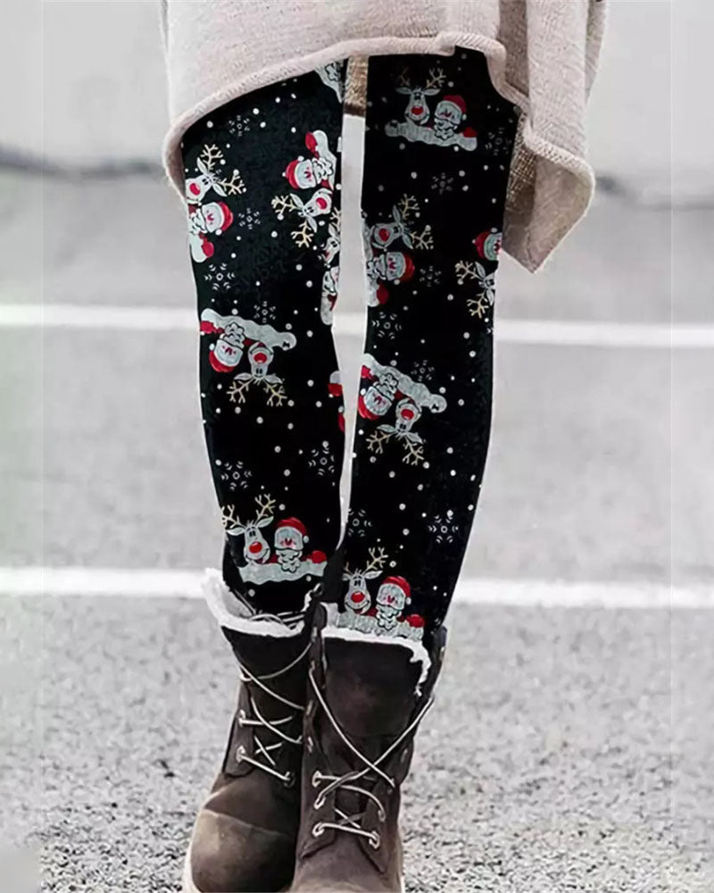 Christmas Tree Snowflake Elk Print Leggings