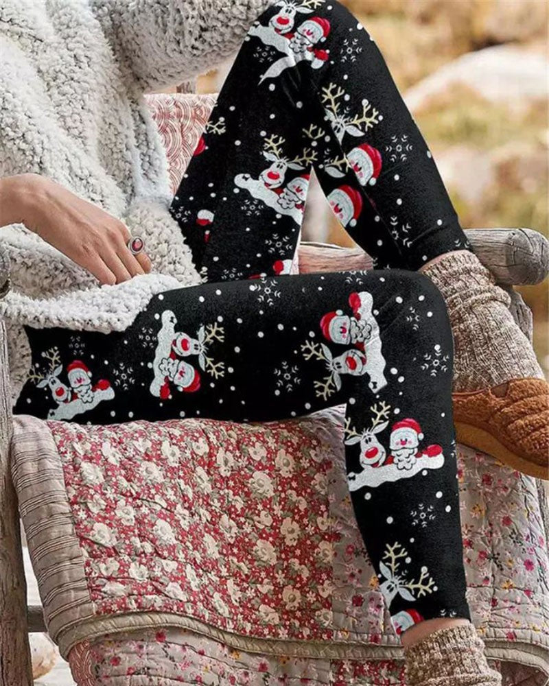 Christmas Tree Snowflake Elk Print Leggings