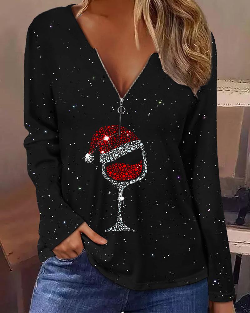 Christmas Wine Glass Print Long Sleeve Top