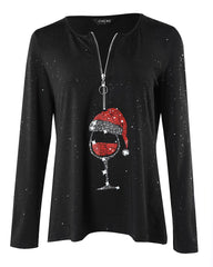 Christmas Wine Glass Print Long Sleeve Top