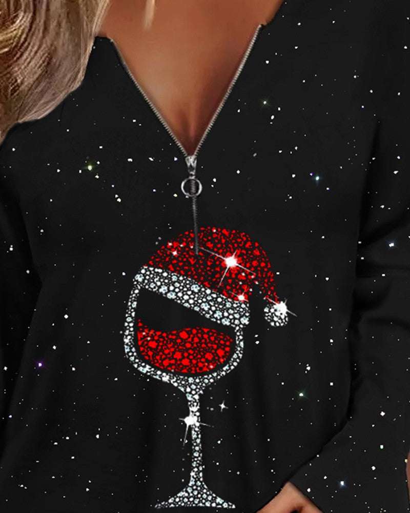 Christmas Wine Glass Print Long Sleeve Top