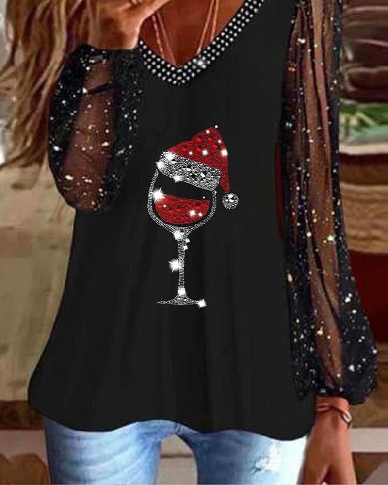 Christmas Wine Glass Print Contrast Mesh Long Sleeve Top