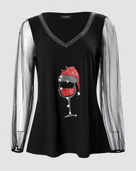 Christmas Wine Glass Print Contrast Mesh Long Sleeve Top