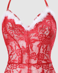 Christmas Lingerie Fuzzy Detail Backless Scallop Trim Crotchless Lace Teddy