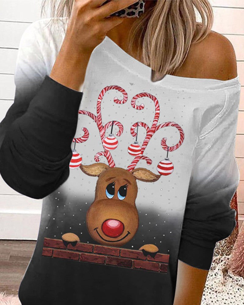 Christmas Letter Elk Print Long Sleeve Sweatshirt Dress