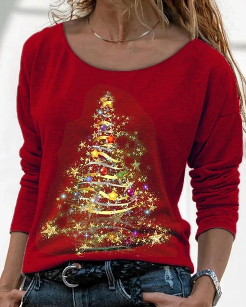 Christmas Tree Print Long Sleeve Casual Top