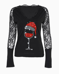 Crochet Lace Christmas Wine Glass Print Top