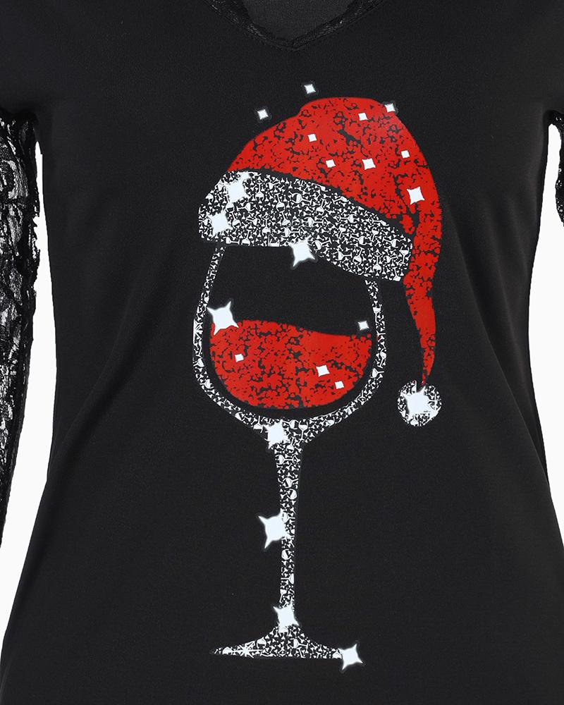 Crochet Lace Christmas Wine Glass Print Top