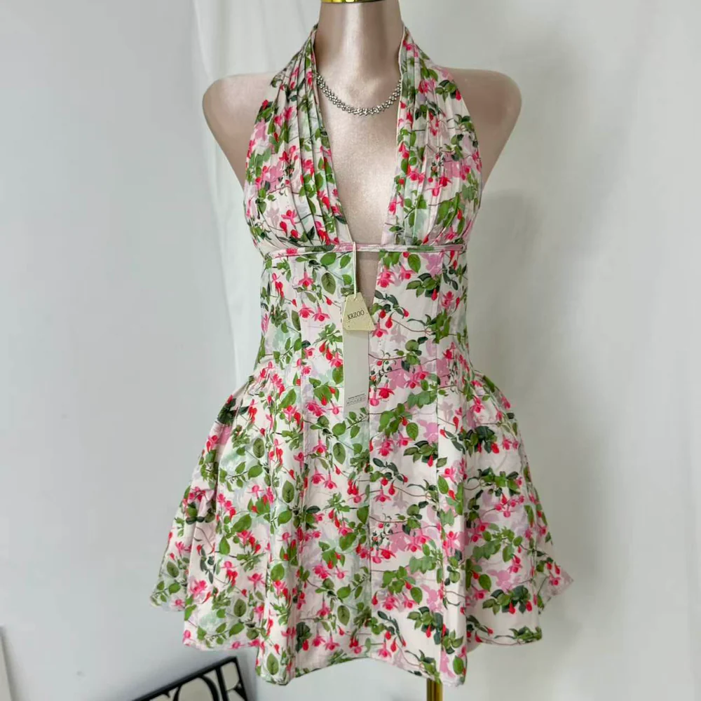 Deep V-Neck Halter Dress With Vintage Print