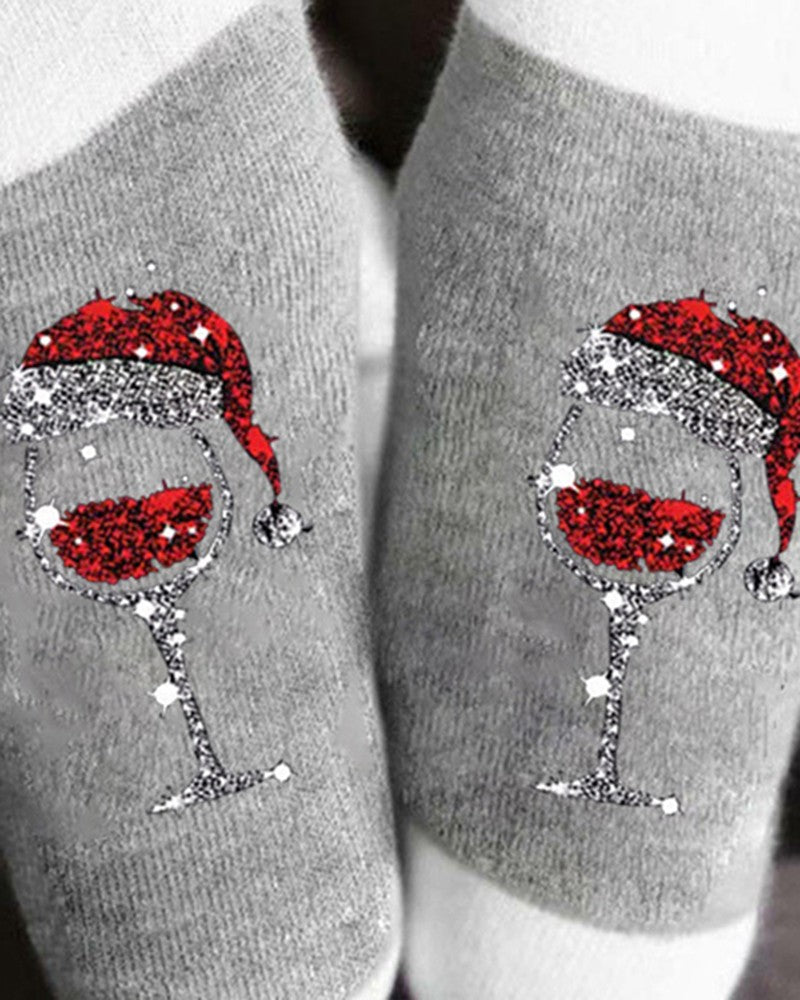 1Pair Christmas Wine Glass Print Colorblock Crew Socks