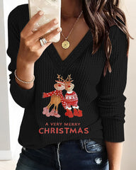 A Very Merry Christmas Cartoon Reindeer Print V Neck Long Sleeve Contrast Lace Top