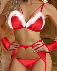 Fuzzy Trim Christmas Garter Lingerie Set With Gloves