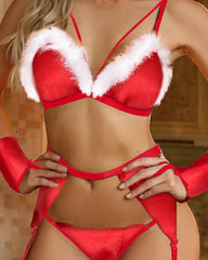 Fuzzy Trim Christmas Garter Lingerie Set With Gloves