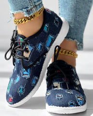 Christmas Lace up Patchwork Ripped Sneakers