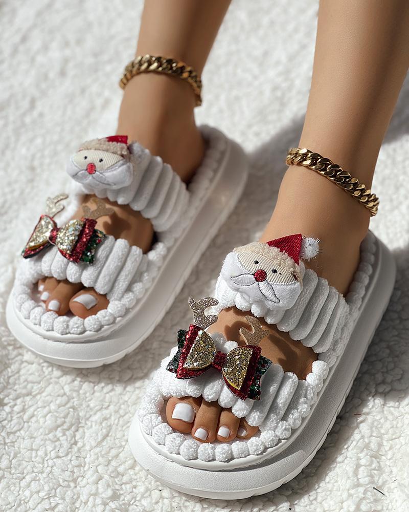 Christmas Cartoon Santa Claus Pattern Double Strap Fuzzy Winter Slippers