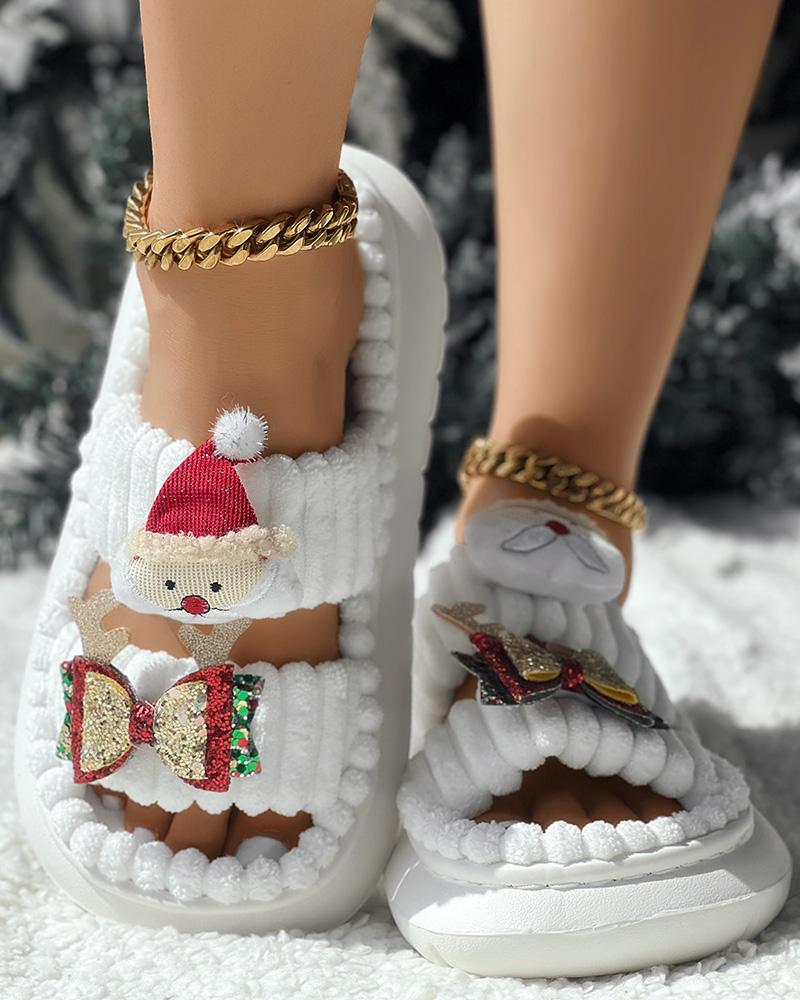 Christmas Cartoon Santa Claus Pattern Double Strap Fuzzy Winter Slippers