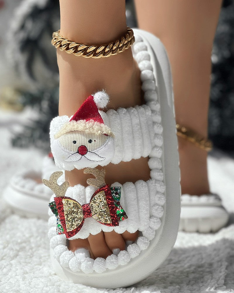 Christmas Cartoon Santa Claus Pattern Double Strap Fuzzy Winter Slippers