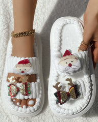 Christmas Cartoon Santa Claus Pattern Double Strap Fuzzy Winter Slippers