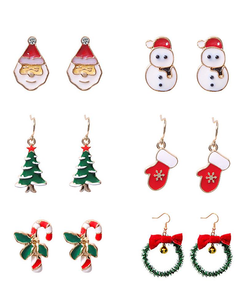 6Pairs Christmas Tree Santa Snowman Candy Cane Gloves Drop Hoop Earrings Set