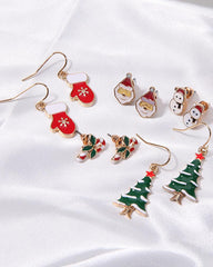 6Pairs Christmas Tree Santa Snowman Candy Cane Gloves Drop Hoop Earrings Set