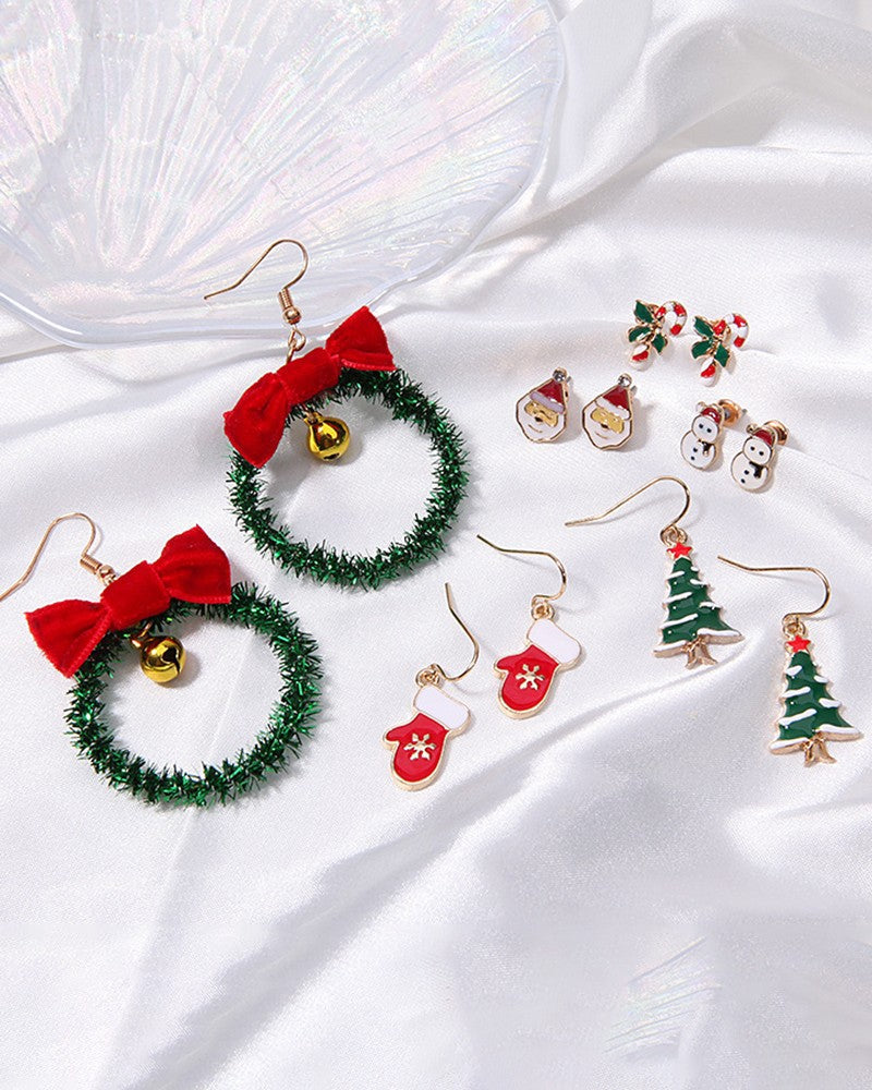 6Pairs Christmas Tree Santa Snowman Candy Cane Gloves Drop Hoop Earrings Set