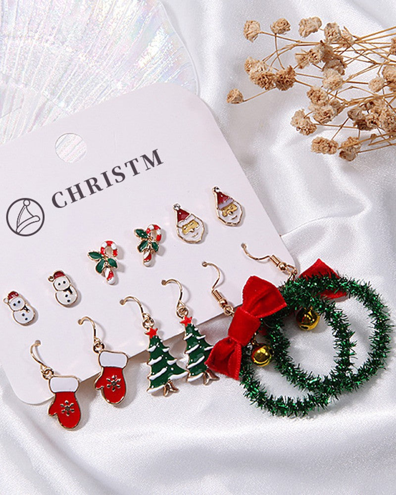 6Pairs Christmas Tree Santa Snowman Candy Cane Gloves Drop Hoop Earrings Set