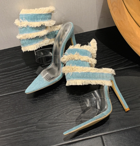 Denim Cloth Open-Toe Ankle Strap Stiletto Heels